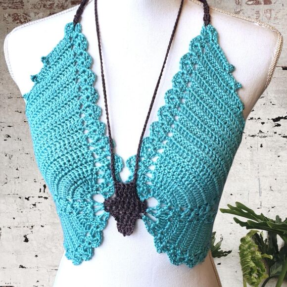 Handmade Crochet Butterfly Crop Top ‎ – Green & dark gray – Festival Fit - Picture 3 of 6